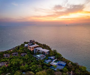 View of resort in Panwa beach at sunset, in Phuket, Thailand, south east Asia