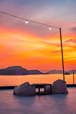 View of rooftop bar in Panwa beach at sunset, in Phuket, Thailand, south east Asia