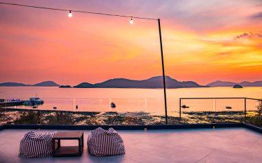 View of rooftop bar in Panwa beach at sunset, in Phuket, Thailand, south east Asia