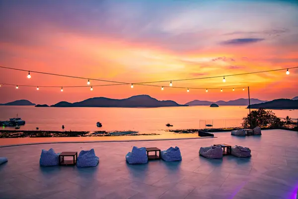 stock image View of rooftop bar in Panwa beach at sunset, in Phuket, Thailand, south east Asia