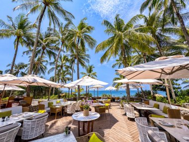 Bang Tao, Phuket, Tayland, Asya 'nın güneydoğusundaki Trisara sahilindeki restoran barı.