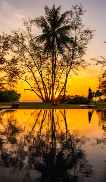 Phuket Tayland 'daki Mai Khao Plaj Tatil Köyü' ndeki sahil barında gün batımı. Yüksek kalite fotoğraf