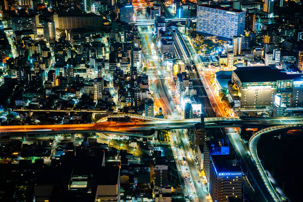 View of Osaka by night from Abeno Harukas Building, Japan. High quality photo