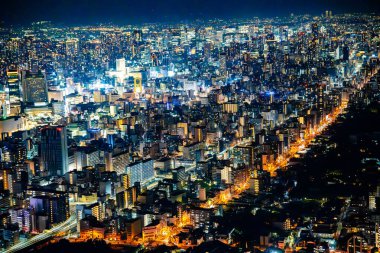 Japonya 'daki Abeno Harukas Binası' ndan geceleri Osaka manzarası. Yüksek kalite fotoğraf
