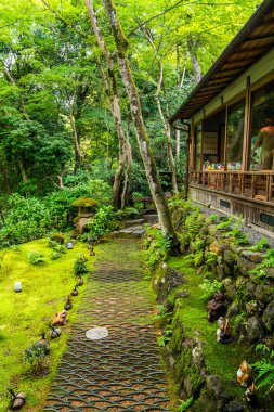 Japonya, Arashiyama Kyoto 'da çiçeklerle Japon bahçe manzarası. Yüksek kalite fotoğraf