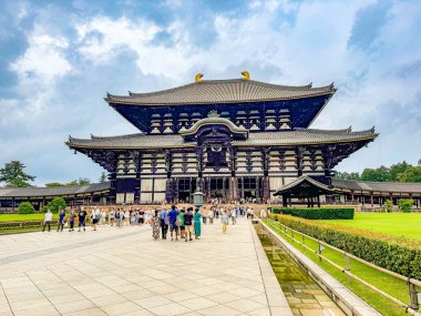 Japonya, Nara 'daki göletli ve geyikli Nara Parkı. Yüksek kalite fotoğraf