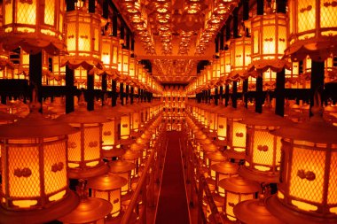 In front of the mausoleum of Kobo Daishi is Torodo Hall, the Hall of Lanterns, which is the center of worship for Okunoin. The hall contains more than 10,000 lanterns which are kept eternally lit clipart