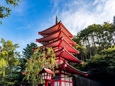 Chureito pagoda ile Fuji Dağı manzaralı, Arakurayama Sengen Parkı, Fujiyoshida, Yamanashi, Japonya. Yüksek kalite fotoğraf