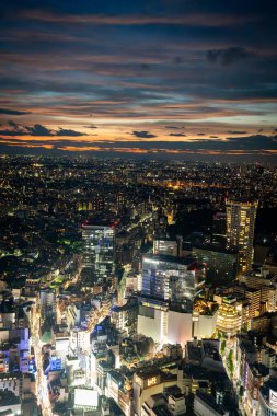 Gün batımında Shibuya Sky 'ın çatısından Tokyo manzarası, Shibuya, Tokyo, Japonya. Yüksek kalite fotoğraf