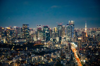 Gün batımında Shibuya Sky 'ın çatısından Tokyo manzarası, Shibuya, Tokyo, Japonya. Yüksek kalite fotoğraf
