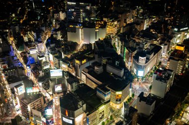 Gün batımında Shibuya Sky 'ın çatısından Tokyo manzarası, Shibuya, Tokyo, Japonya. Yüksek kalite fotoğraf