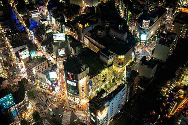 Views of Tokyo from Shibuya Sky rooftop at sunset, in Shibuya, Tokyo, Japan. High quality photo