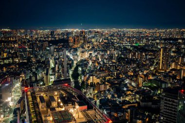 Gün batımında Shibuya Sky 'ın çatısından Tokyo manzarası, Shibuya, Tokyo, Japonya. Yüksek kalite fotoğraf