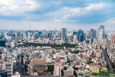 Gün batımında Shibuya Sky 'ın çatısından Tokyo manzarası, Shibuya, Tokyo, Japonya. Yüksek kalite fotoğraf