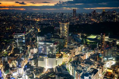 Gün batımında Shibuya Sky 'ın çatısından Tokyo manzarası, Shibuya, Tokyo, Japonya. Yüksek kalite fotoğraf