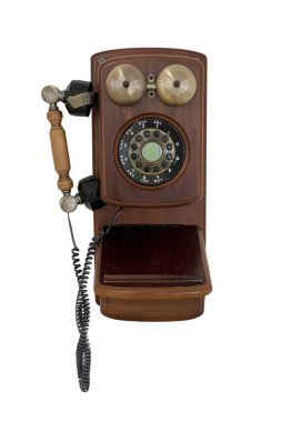 Beyaz arkaplanda izole edilmiş klasik ahşap telefon