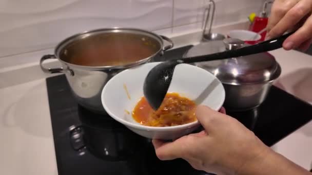 Woman Serving Borscht Pan Plate Ladle Video Shooting Close — Stock Video