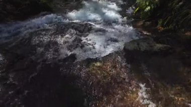 Orman deresinde berrak kristal suyu olan küçük şelale, doğa, yavaş çekim.
