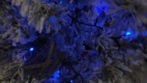 Рождественские Украшения Гирляндами Новогодней Елке Крупным Планом Замедленная Съемка — стоковое видео