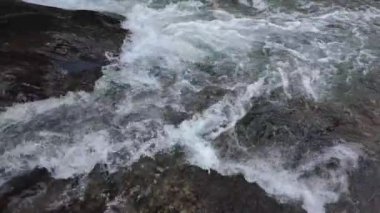 Orman deresinde berrak kristal suyu olan küçük şelale, doğa, yavaş çekim.