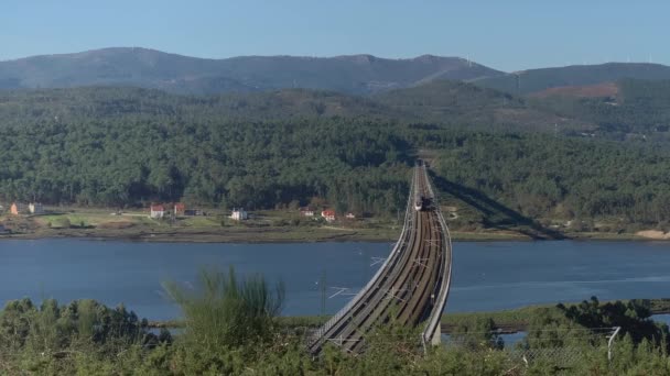 乘火车经过河上的一座桥 背景是美丽的绿色风景 前景色 阳光灿烂 — 图库视频影像