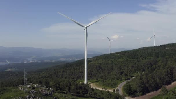 Turbiny Wiatrowe Zielonym Polu Przed Błękitnym Niebem Strzał Drona Wideo Stockowe bez tantiem