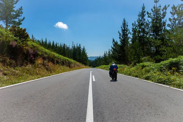 Motosikletçiler güneşli bir günde güzel bir manzara, dikiz manzarası, seyahat ve özgürlük kavramına sahip pitoresk bir yolda yol alırlar.