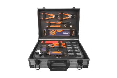 Beyaz arkaplanda izole edilmiş araçlarla alüminyum araç kutusunu aç