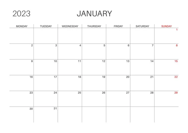 水平月次カレンダー 1月カレンダーテンプレート 月曜日スタート A4サイズ シンプルでミニマルなデザイン 2023年 毎月の計画者 ベクトル — ストックベクタ