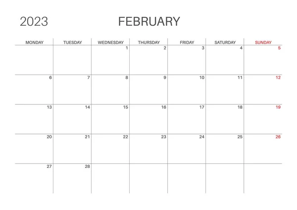水平月次カレンダー 2月のカレンダーテンプレート 月曜日スタート A4サイズ シンプルでミニマルなデザイン 2023年 毎月の計画者 ベクトル — ストックベクタ
