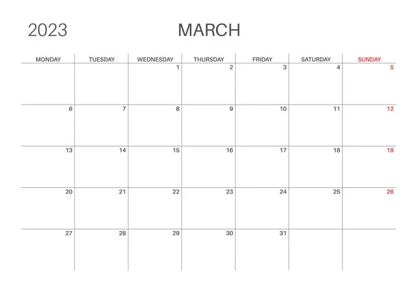水平月次カレンダー 3月カレンダーテンプレート 月曜日スタート A4サイズ シンプルでミニマルなデザイン 2023年 毎月の計画者 ベクトル — ストックベクタ
