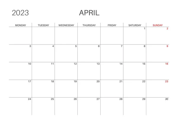 水平月次カレンダー 4月のカレンダーテンプレート 月曜日スタート A4サイズ シンプルでミニマルなデザイン 2023年 毎月の計画者 ベクトル — ストックベクタ