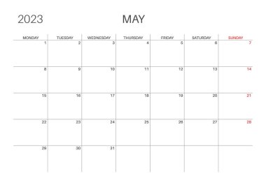 Aylık yatay takvim. Takvim şablonu Pazartesi başlıyor. A4 beden. Basit, minimalist tasarım. 2023 yılı. Aylık planlamacı. Vektör