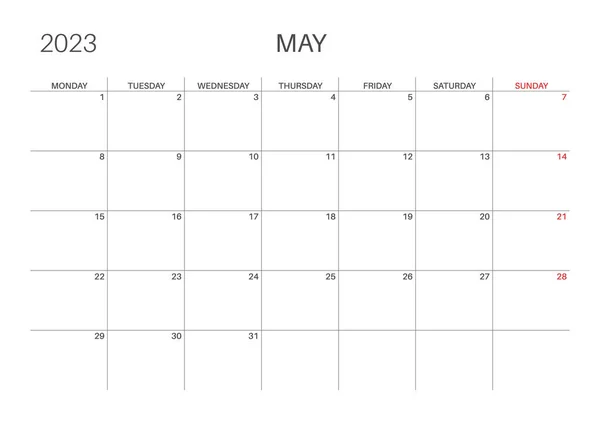 水平月次カレンダー 5月の予定表 月曜日スタート A4サイズ シンプルでミニマルなデザイン 2023年 毎月の計画者 ベクトル — ストックベクタ