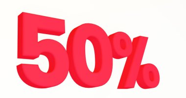 Yüzde 50 indirim. Beyaz izole arka planda kırmızı 3D numaralar. 3d resimleme