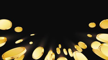 Altın sikkeler patladı. Kumarhane ikramiyesi veya kazanma konsepti. Siyah arka planda altın paralar. Kumar, kumar servetine ve büyük ikramiye illüstrasyonuna başvurulabilir. Vektör illüstrasyonu
