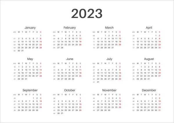 2023年日历 A4水平尺寸 可打印的 星期一开始 简约的设计 — 图库矢量图片