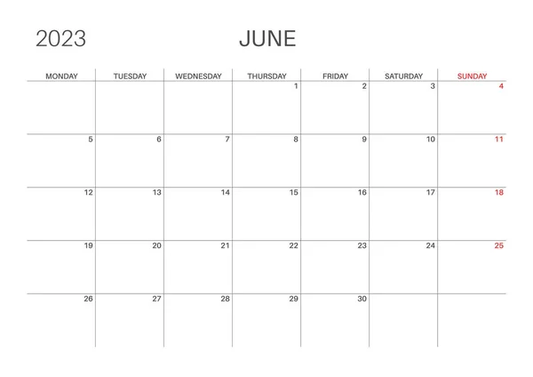 Горизонтальний Щомісячний Календар Шаблон Червневого Календаря Понеділок Початок Розмір Простий — стоковий вектор