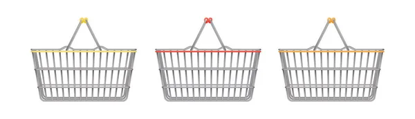 Empty Realistic Wire Supermarket Shopping Basket Colored Handles Store Basket — Vetor de Stock