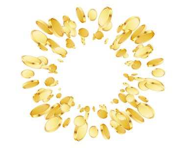 Altın sikkeler patladı. Kumarhane ikramiyesi veya kazanma konsepti. Beyaz arka planda altın sikkeler. Kumar, kumar servetine ve büyük ikramiye illüstrasyonuna başvurulabilir. Bozuk para yüzüğü. Vektör illüstrasyonu