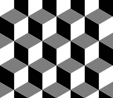 Küp geometrik kusursuz desen. İzometrik küp deseni. Siyah ve beyaz renkler. Pseudo 3d. Vektör