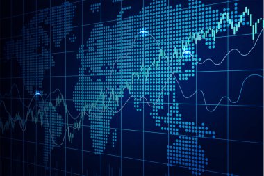Dünya borsa endeks grafiği. Bakış açısı. Şamdan şeması, çizgi grafiği ve bar çizelgesi. Borsa büyüme çizelgesi. Finansal piyasa geçmişi. Mavi renk. Vektör illüstrasyonu