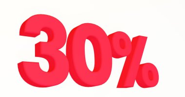 30 percent discount. Red 3d numbers on white isolated background. 3d rendering illustration