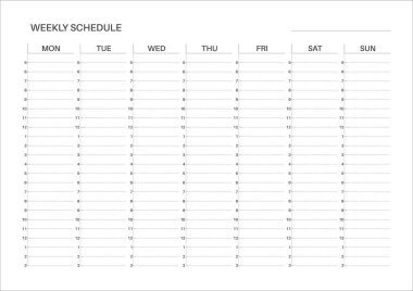 Haftalık program şablonu. Haftalık basılabilir planlayıcı. Yatay A4 boyutunda. Pazartesi başlıyor. Basit, minimalist tasarım. Vektör
