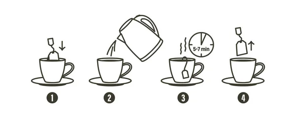 Thee Koffie Brouwen Instructie Thee Koffie Zetten Pictogrammen Brouwen Warme — Stockvector