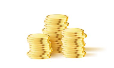 Altın para yığını. Gerçekçi altın para. Yığınla bozuk para. Kumar oyunlarına, piyangoya, bankaya ya da finansal resimlere başvurulabilir. Vektör illüstrasyonu.