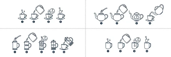Οδηγίες Παρασκευής Τσαγιού Και Καφέ Τσάι Παρασκευή Καφέ Παρασκευή Εικονιδίων — Διανυσματικό Αρχείο