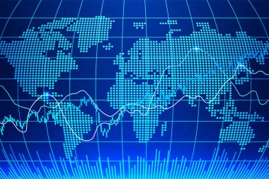World stock market index graph. Candlestick chart, line graph and bar chart. Stock market growth illustration. Global financial market background. Blue neon color. Vector illustration