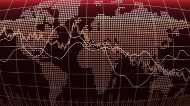 Dünya borsası endeksi düşüyor. Finansal kriz. Şamdan şeması, çizgi grafiği ve bar çizelgesi. Borsa büyüme çizelgesi. Finans piyasası arka planda azalıyor. Neon rengi. Vektör illüstrasyonu
