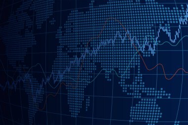 Dünya borsa endeks grafiği. Bakış açısı. Şamdan şeması, çizgi grafiği ve bar çizelgesi. Borsa büyüme çizelgesi. Finansal piyasa geçmişi. Mavi renk. Vektör illüstrasyonu